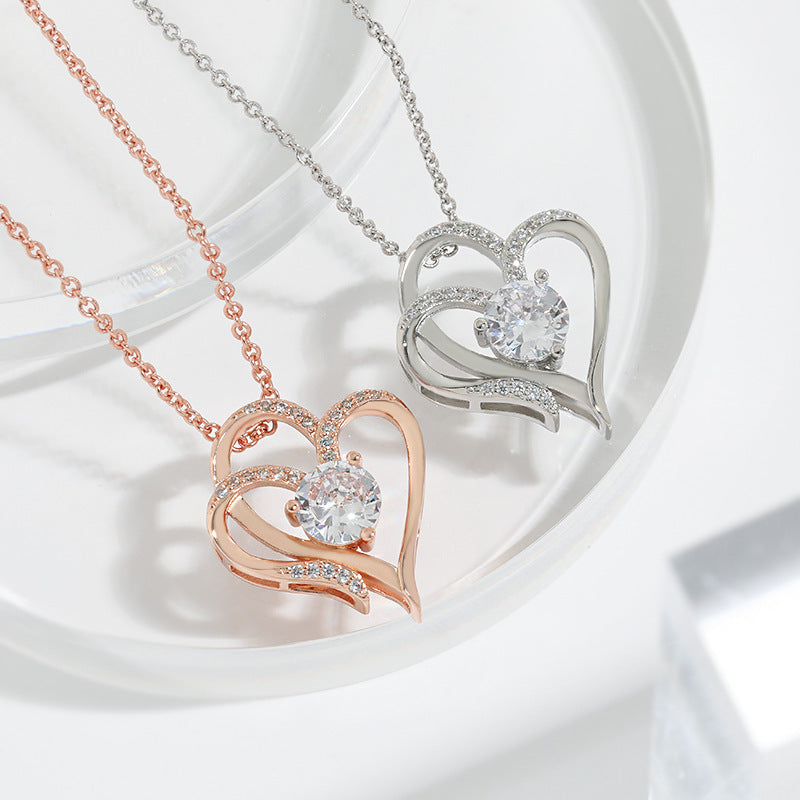 Zircon Double Love Necklace With Rhinestones Ins Personalized Heart-shaped Necklace Clavicle Chain Jewelry For Women Valentine's Day Homeeins