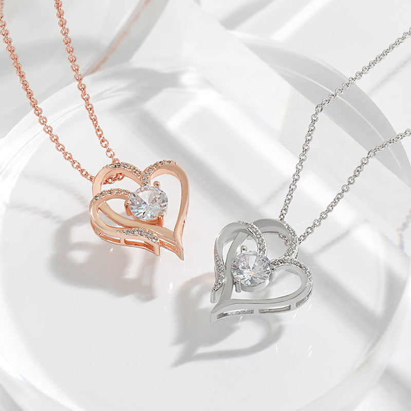 Zircon Double Love Necklace With Rhinestones Ins Personalized Heart-shaped Necklace Clavicle Chain Jewelry For Women Valentine's Day Homeeins