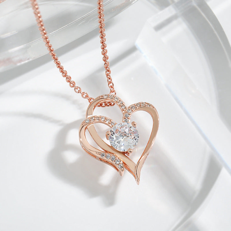 Zircon Double Love Necklace With Rhinestones Ins Personalized Heart-shaped Necklace Clavicle Chain Jewelry For Women Valentine's Day Homeeins