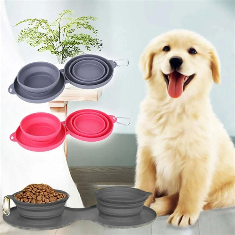 Faltbare doppelte Gummischalen für Haustiere, ideal für Hunde und Katzen. Perfekte Fütterungslösung für unterwegs.