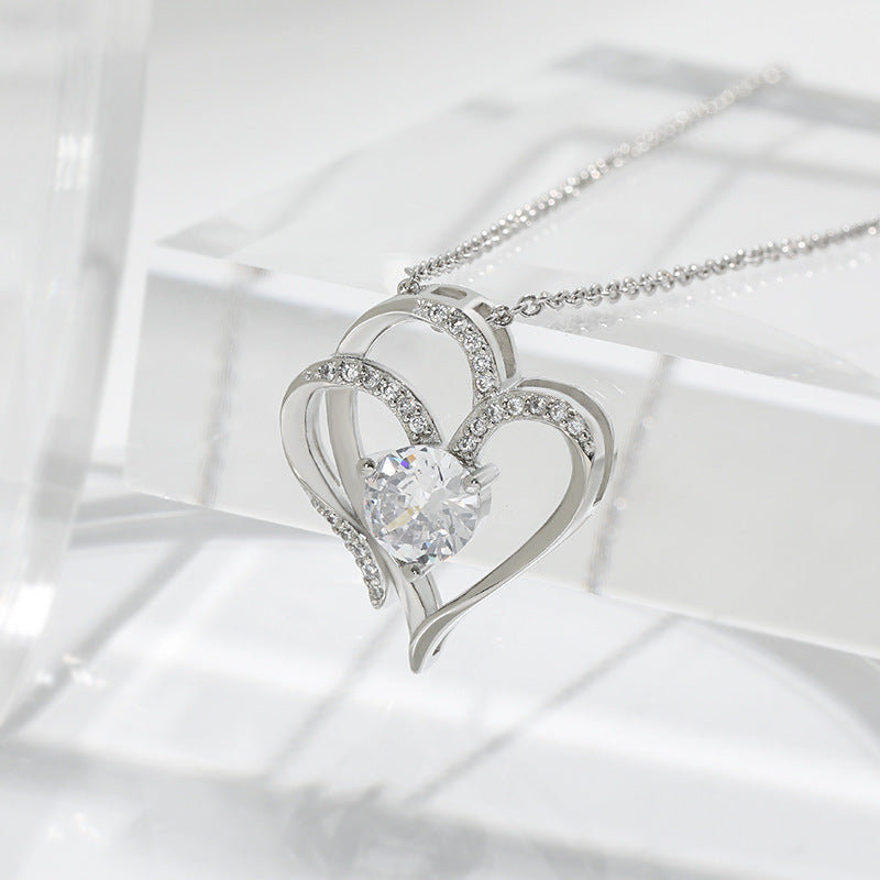 Zircon Double Love Necklace With Rhinestones Ins Personalized Heart-shaped Necklace Clavicle Chain Jewelry For Women Valentine's Day Homeeins