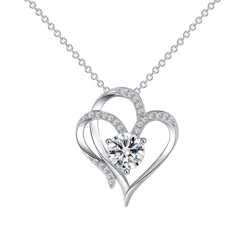 Zircon Double Love Necklace With Rhinestones Ins Personalized Heart-shaped Necklace Clavicle Chain Jewelry For Women Valentine's Day Homeeins