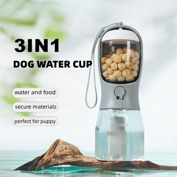 Praktische Hundewasserschüssel, dreifach funktional für Wasser, Futter und Müllsäcke – ideal für unterwegs.
