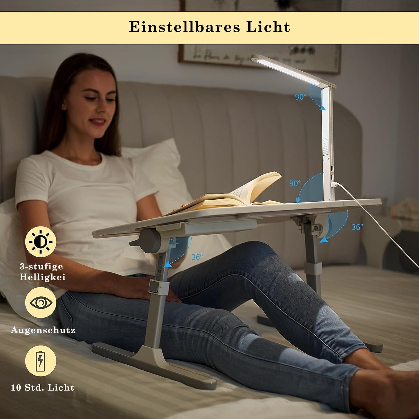 Faltwerk Laptop/iPad-Tisch mit LED-Licht und Schublade: Flexibel und Platzsparend Lieferbar 1 -3 Tage Homeeins