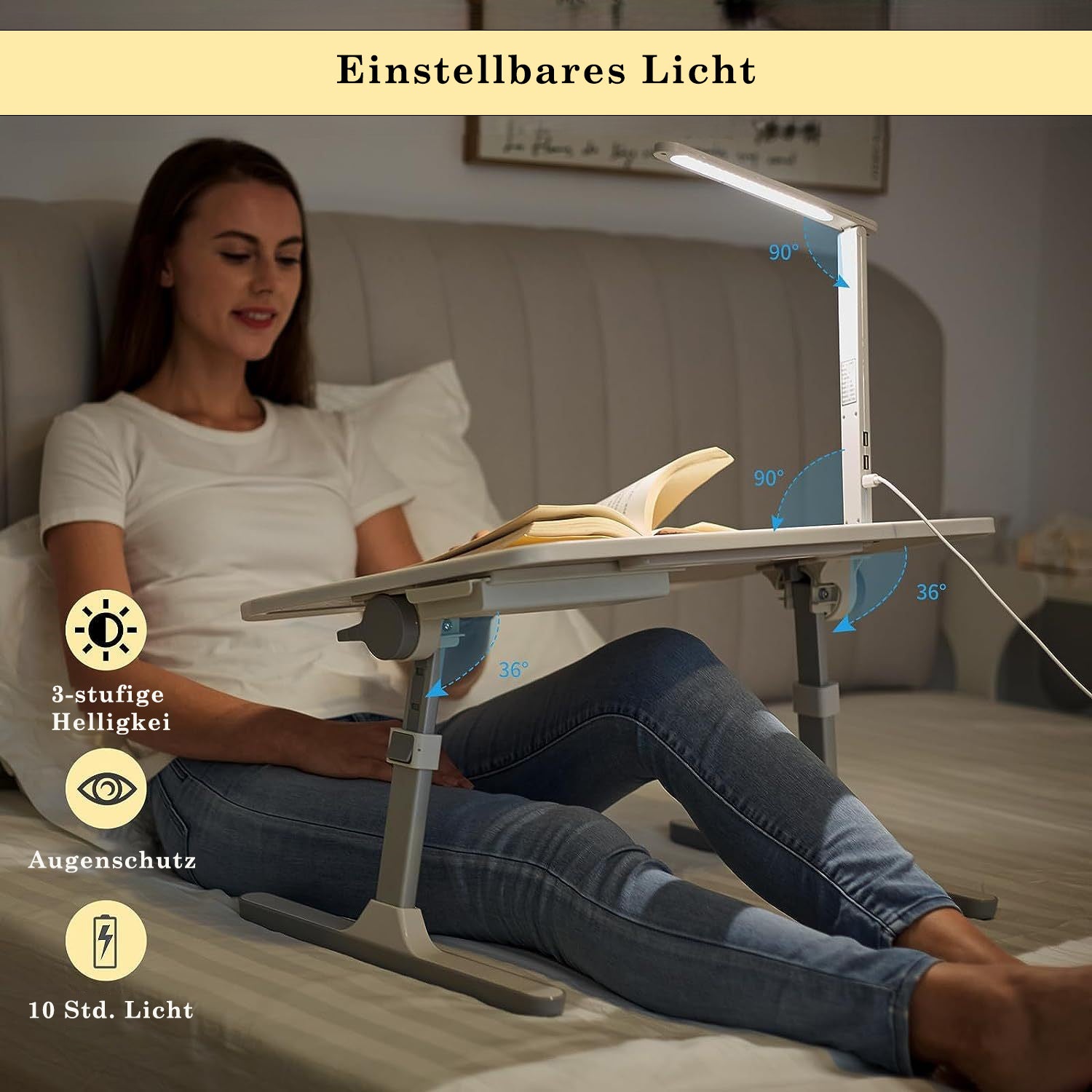 Faltwerk Laptop/iPad-Tisch mit LED-Licht und Schublade: Flexibel und Platzsparend Lieferbar 1 -3 Tage Homeeins