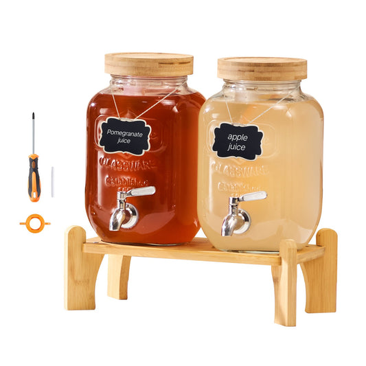 Getränkespender (2 x 3,8 L) – Glas Saftspender mit Tropffreiem Zapfhahn & Holzständer, Ideal für Partys, Restaurants & Events
