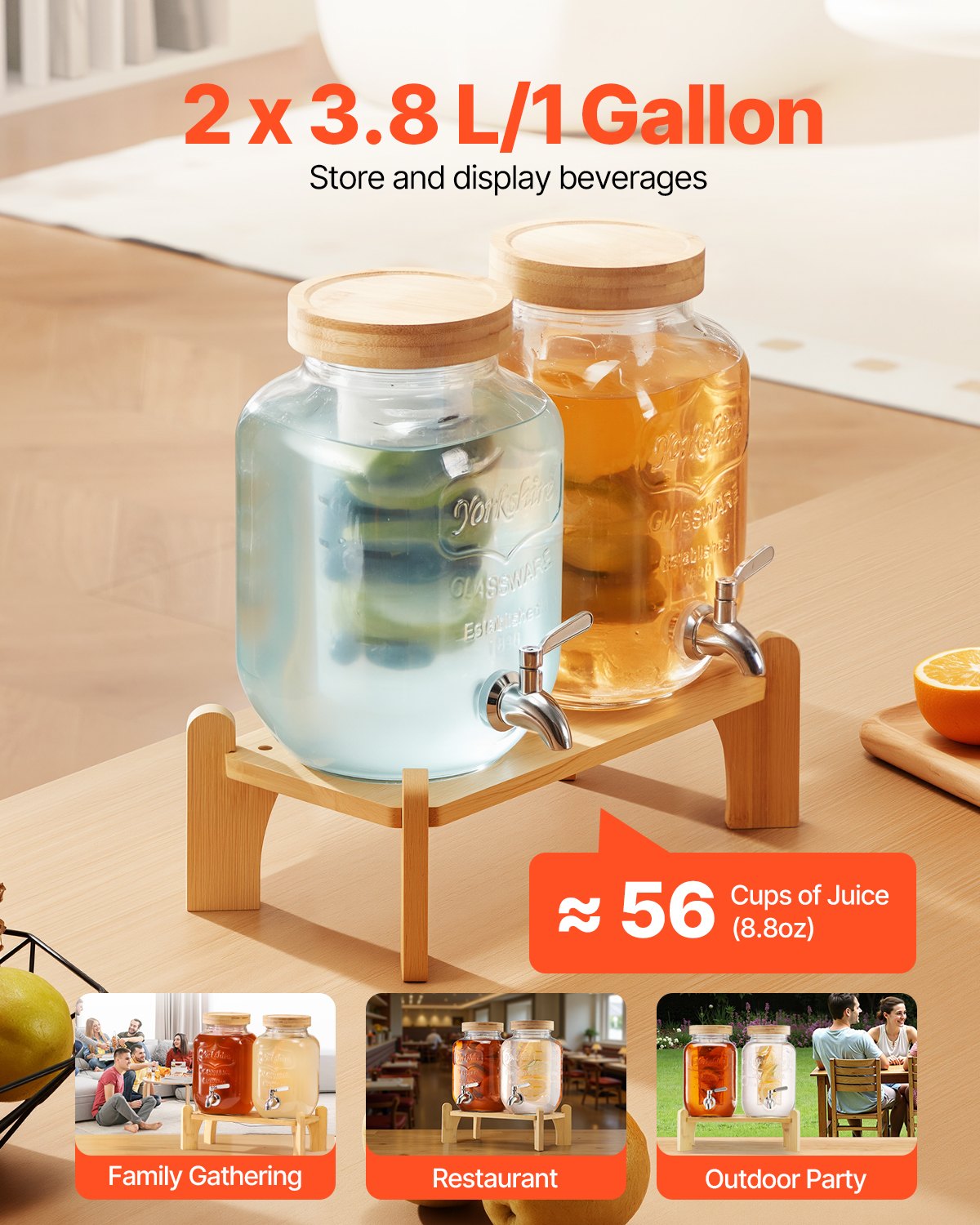 Getränkespender (2 x 3,8 L) – Glas Saftspender mit Tropffreiem Zapfhahn & Holzständer, Ideal für Partys, Restaurants & Events