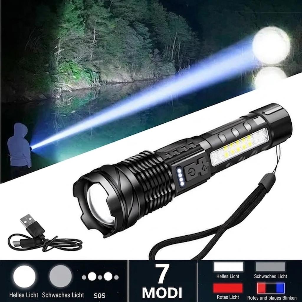 LED-Taschenlampe im Einsatz nachts, mit 7 Leuchtmodi (hell, schwach, SOS, rotes und rot-blaues Warnlicht)