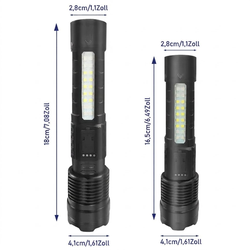Maße der LED-Taschenlampe: 18 cm ausgezogen, 16,5 cm eingefahren, Durchmesser 2,8 bis 4,1 cm
