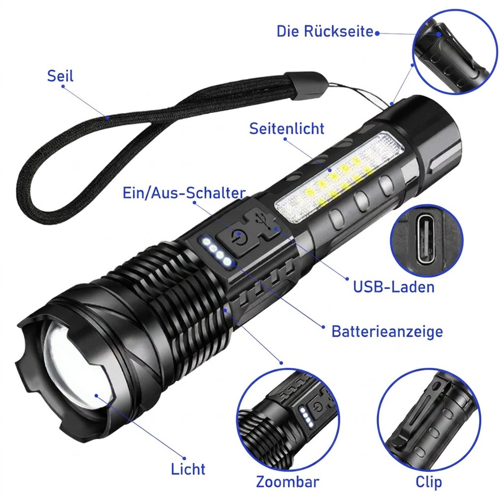 Bauteile der LED-Taschenlampe beschriftet: Trageschlaufe, Ein/Aus-Schalter, Seitenlicht, USB-Laden, Batterieanzeige, Clip