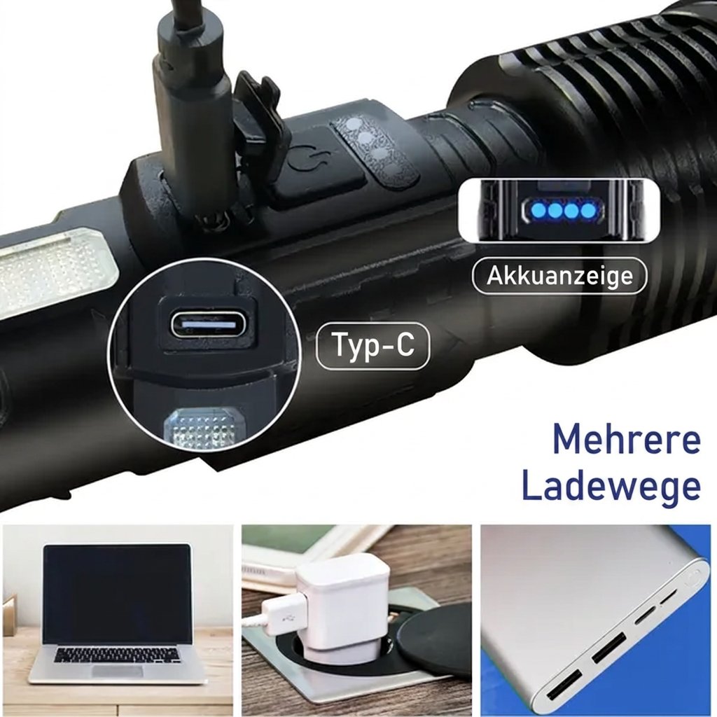 USB-C-Ladeanschluss und Akkuanzeige der LED-Taschenlampe, mehrere Lademöglichkeiten
