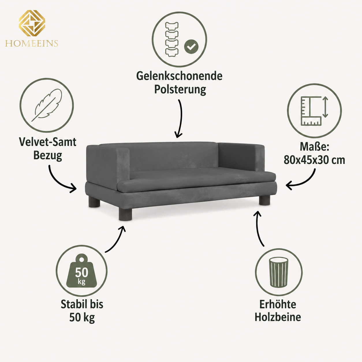 Luxus Hunde-Sofa mit Beinen – Erhöhter Schlafplatz, weich gepolstert, stabil bis 50 kg Homeeins